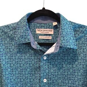 Nick Graham Everywhere Mens Medium Teal Floral Stretch Modern Fit Button Down
